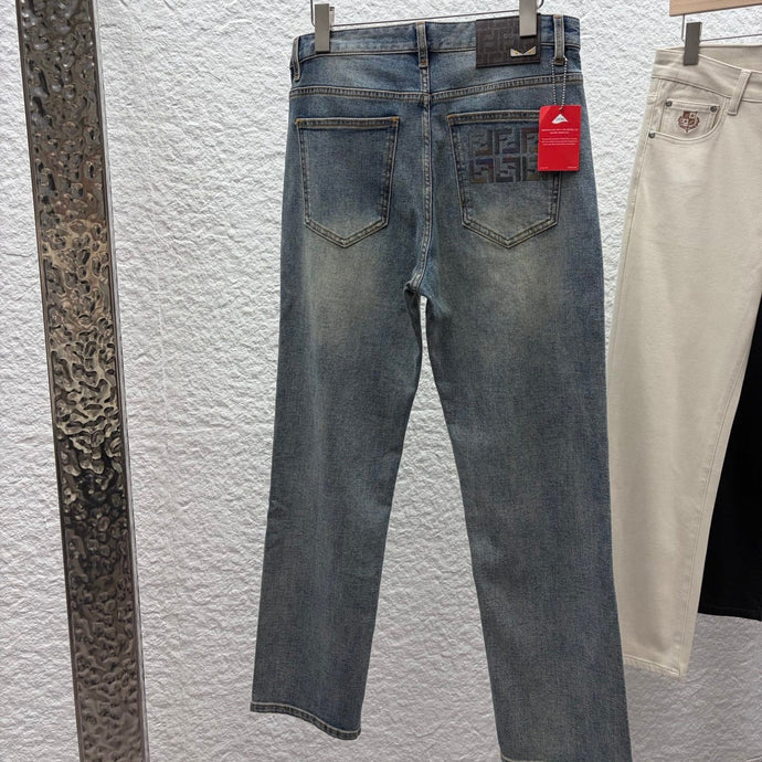 Fendi 2026 Men's Jeans Washed Blue Brown Logo Denim 738154