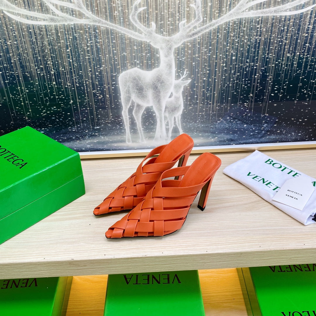 BV 26s Alfie High Mules Vivid Orange Woven Calfskin