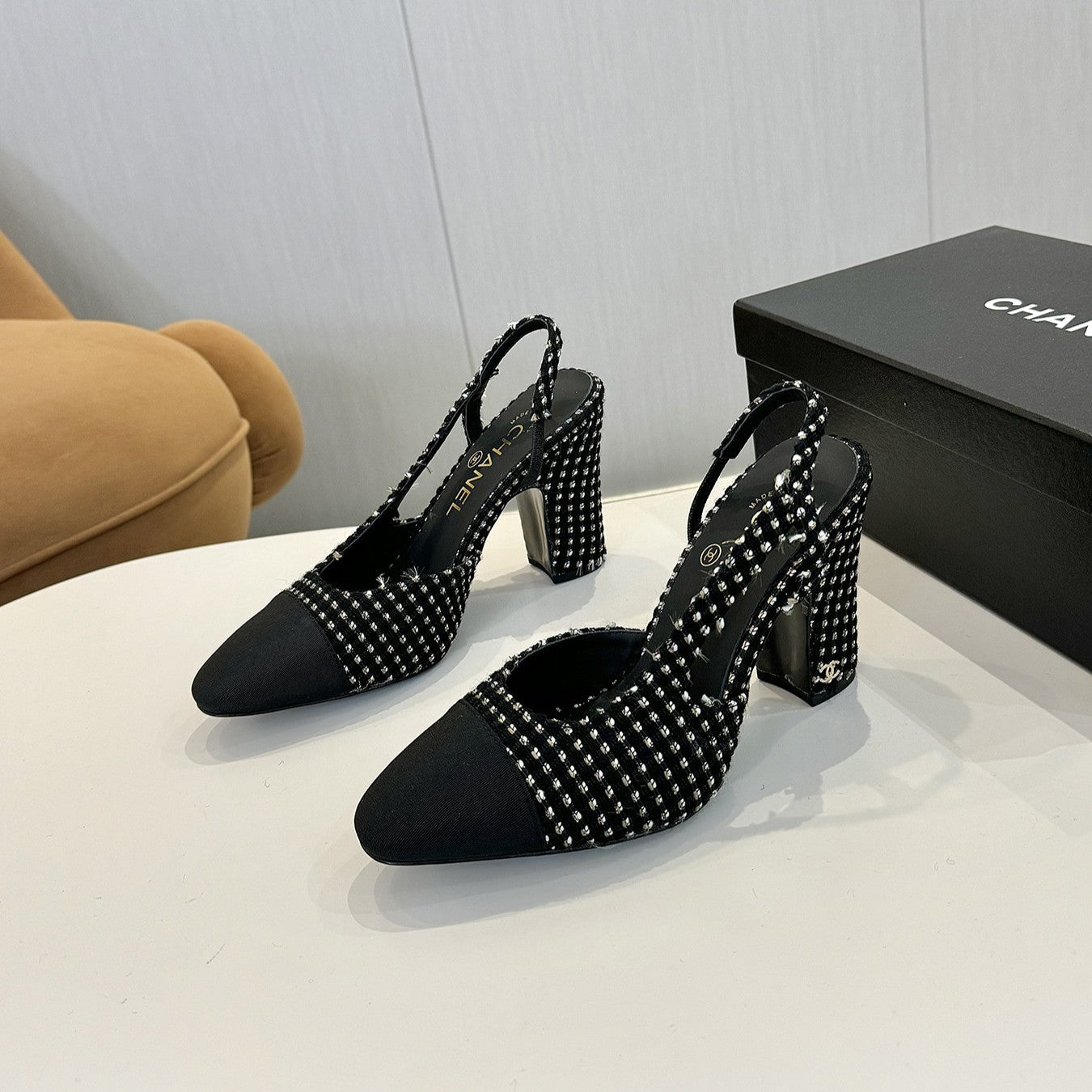 cc 25c slingback 90 black white tweed black grosgrain 233616