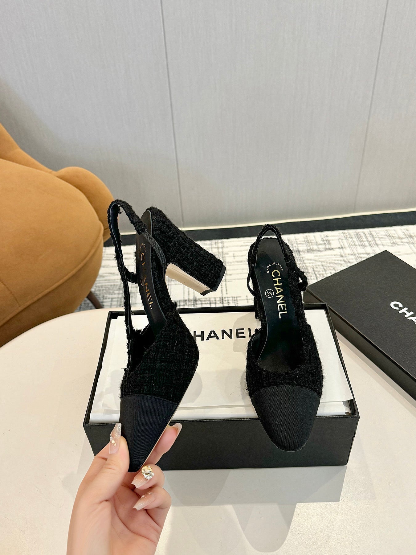 cc 25c slingback 90 black tweed black grosgrain 233617