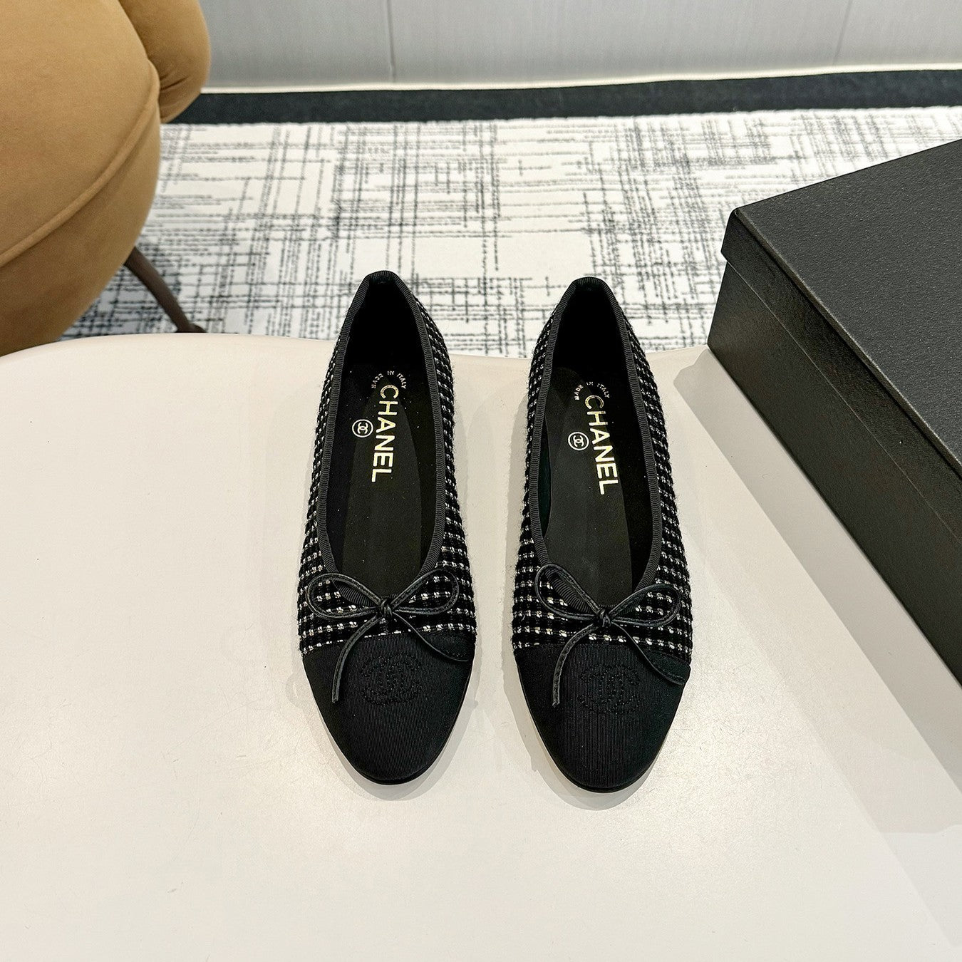 cc 25c ballet flat black white tweed black grosgrain 233623