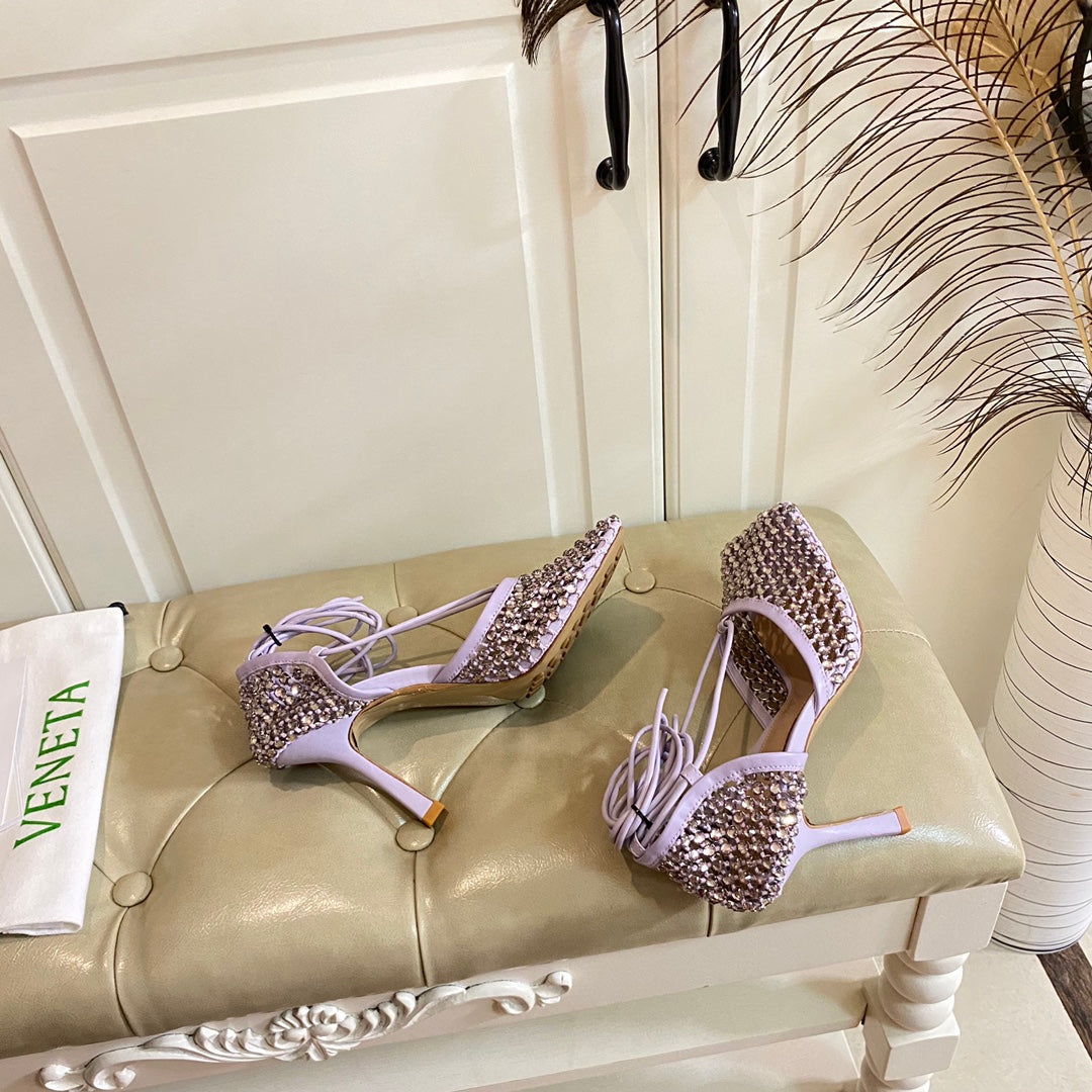 BV 26s Stretch Lace-Up Sandal 9cm Light Purple Metallized Mesh Leather
