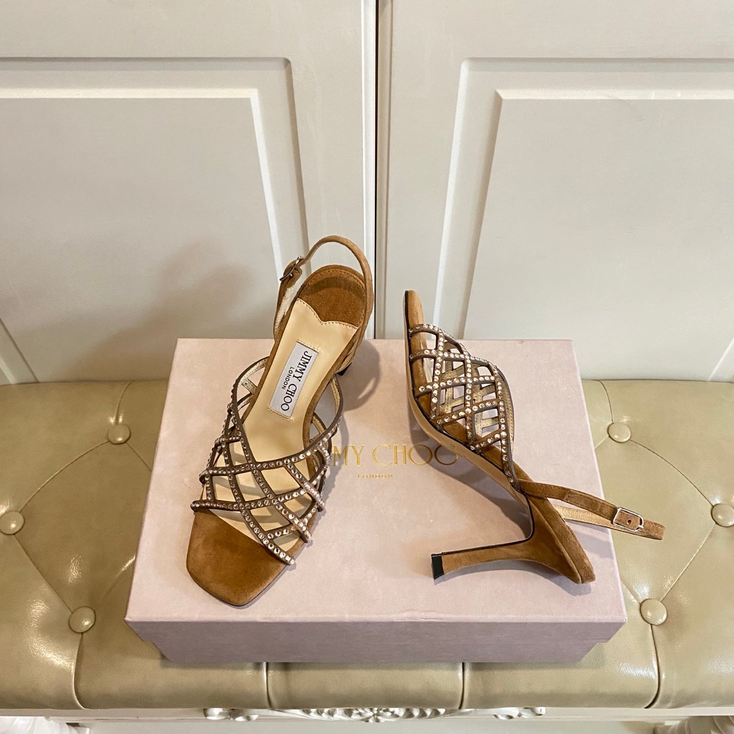 Jimmy Choo Saila Sandals 9cm Brown Sheepskin Suede 688232