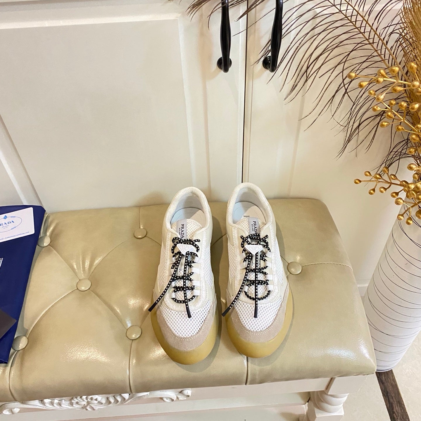 Prada 26s Lace Up Sneakers Chunky Sole In White Tech Fabric And Mesh