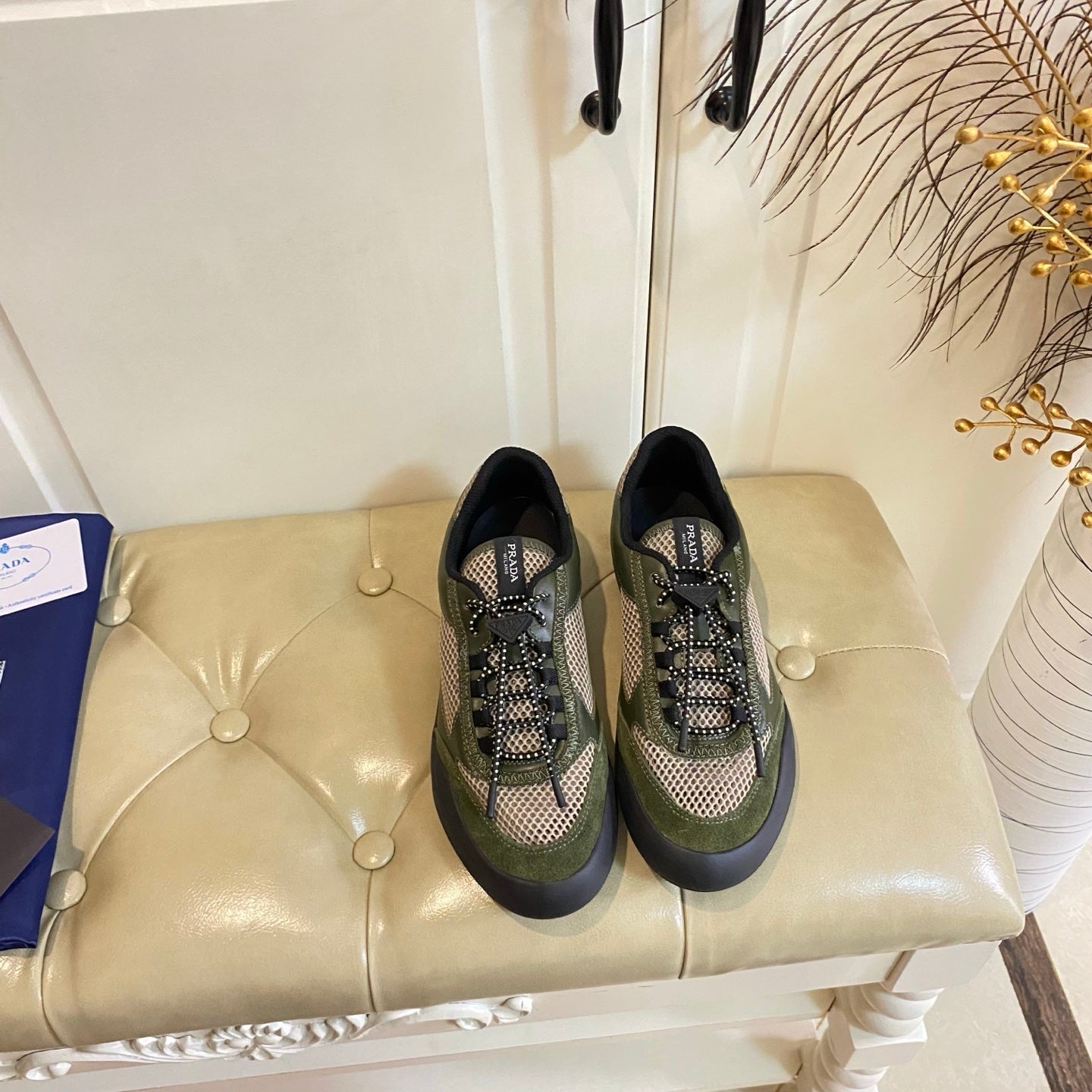 Prada 26s Lace Up Sneakers Chunky Sole In Olive Green Tech Fabric And Mesh