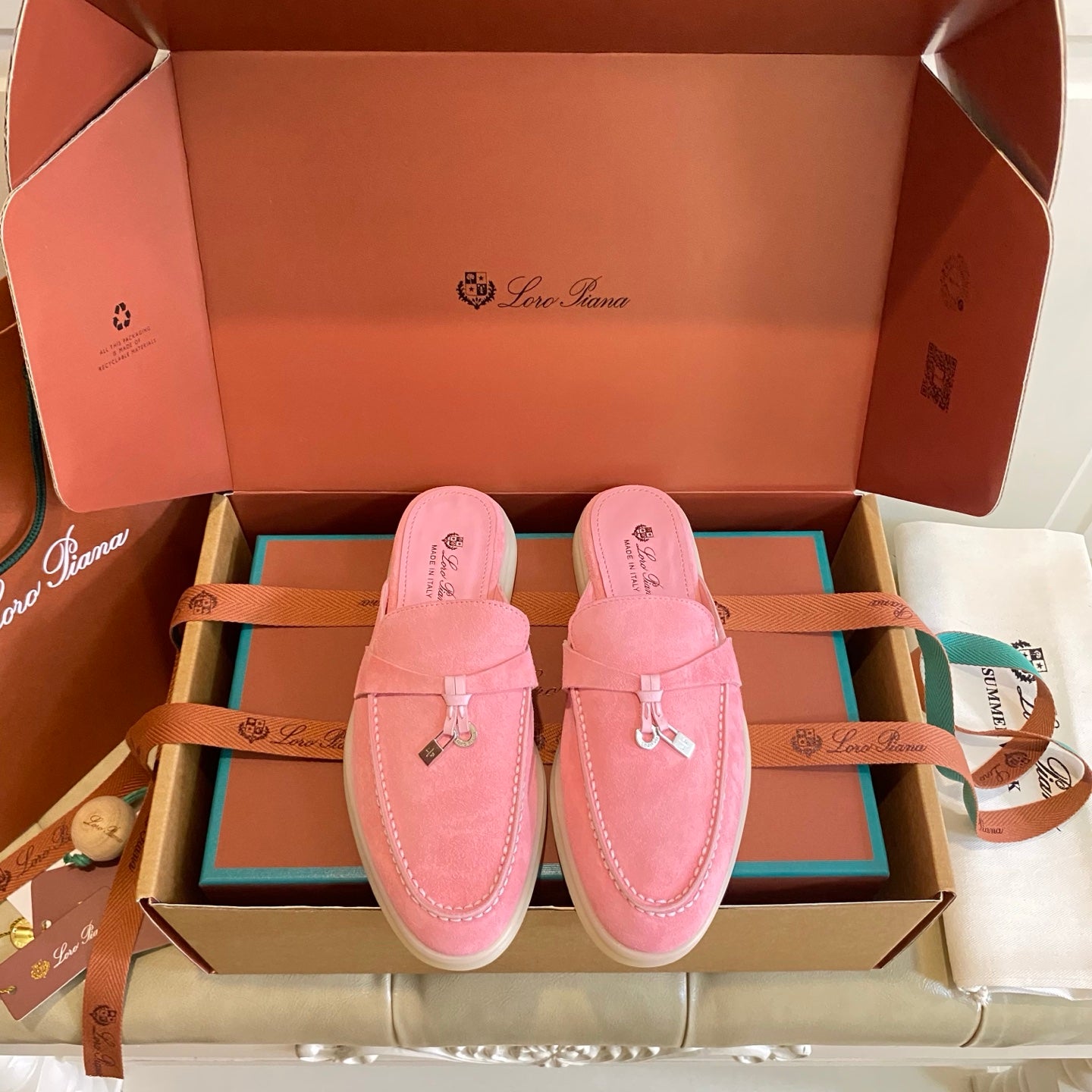 LP 26s Lock Charm Mules In Pink Suede Gold Hardware
