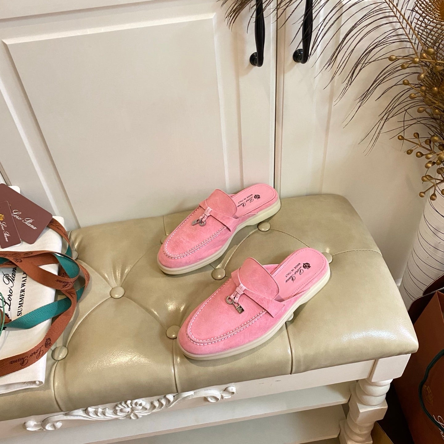 LP 26s Lock Charm Mules In Pink Suede Gold Hardware