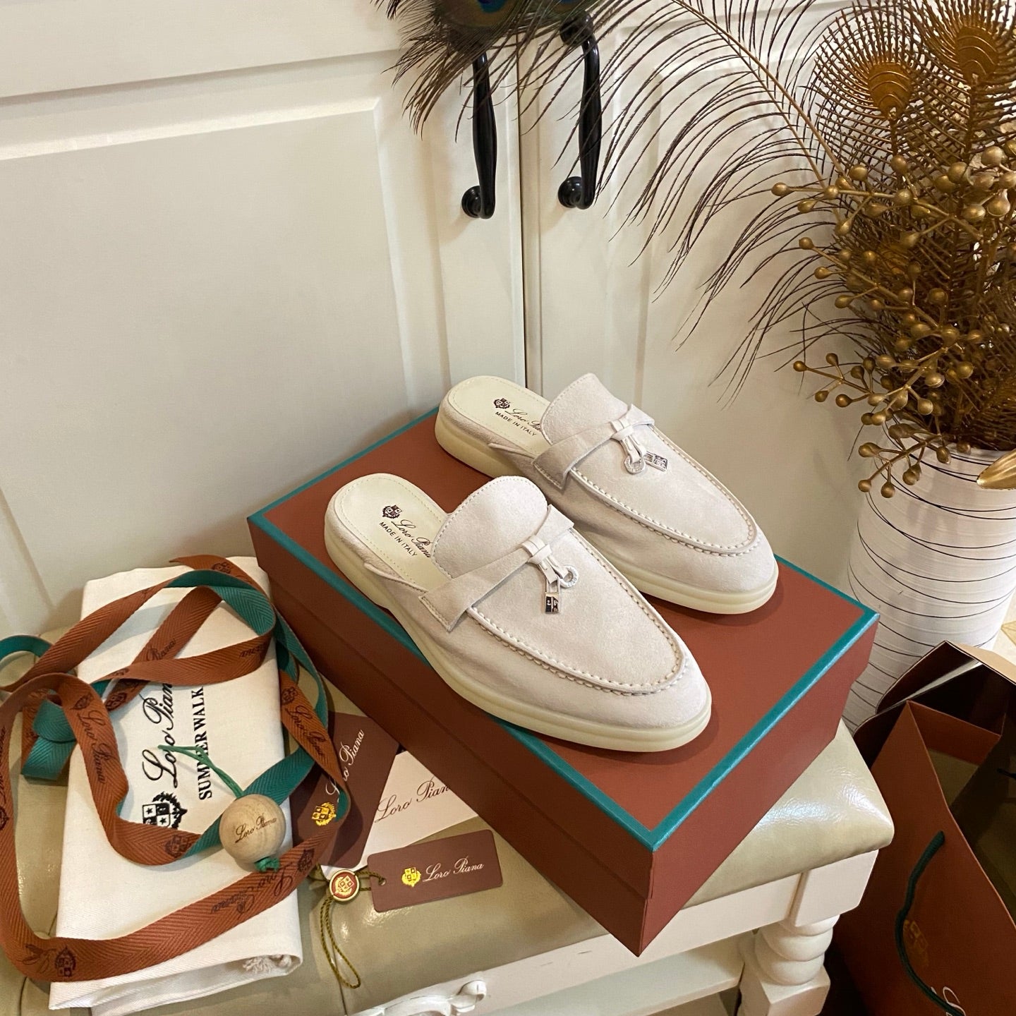 LP 26s Lock Charm Mules In Cream White Suede Gold Hardware