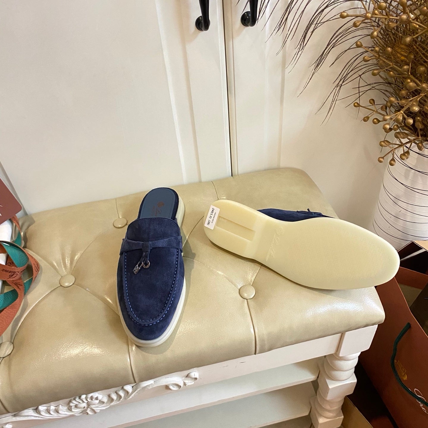 LP 26s Lock Charm Mules In Navy Blue Suede Gold Hardware