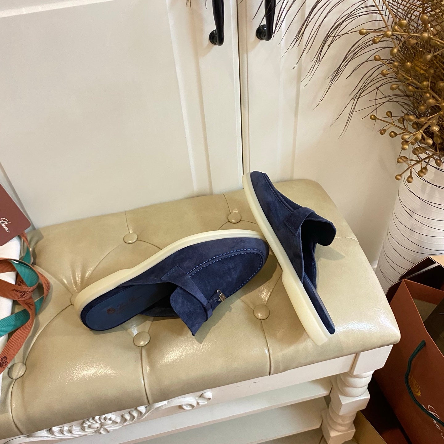 LP 26s Lock Charm Mules In Navy Blue Suede Gold Hardware