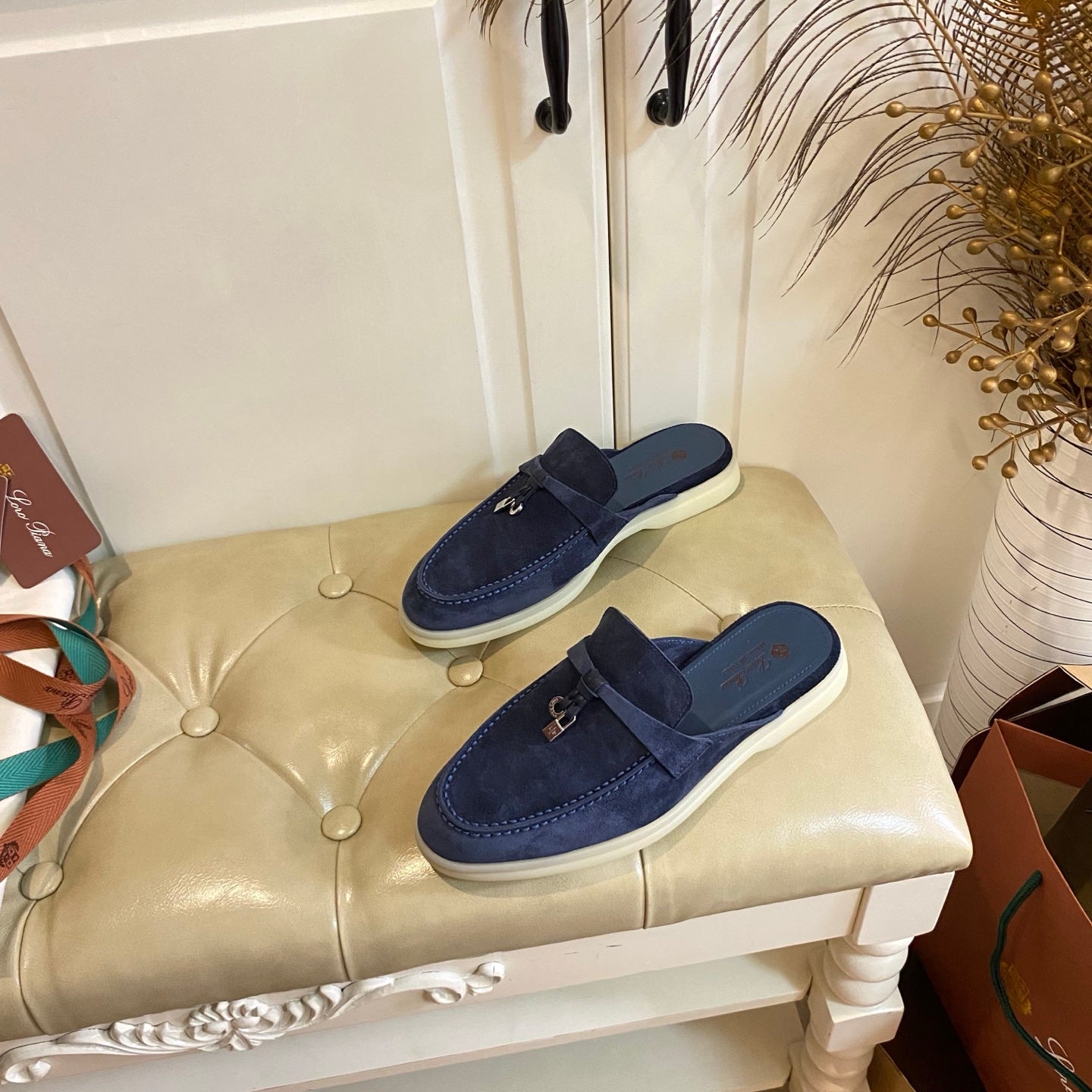 LP 26s Lock Charm Mules In Navy Blue Suede Gold Hardware