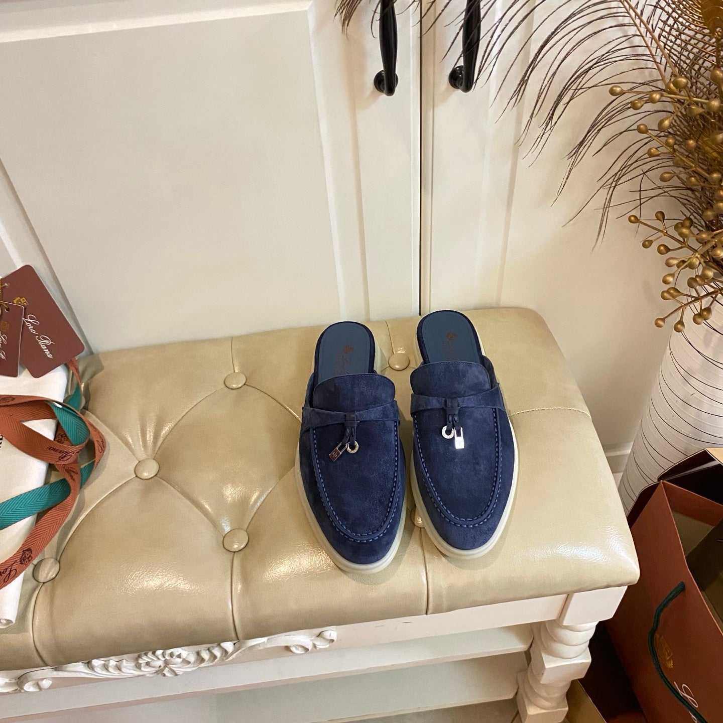 LP 26s Lock Charm Mules In Navy Blue Suede Gold Hardware