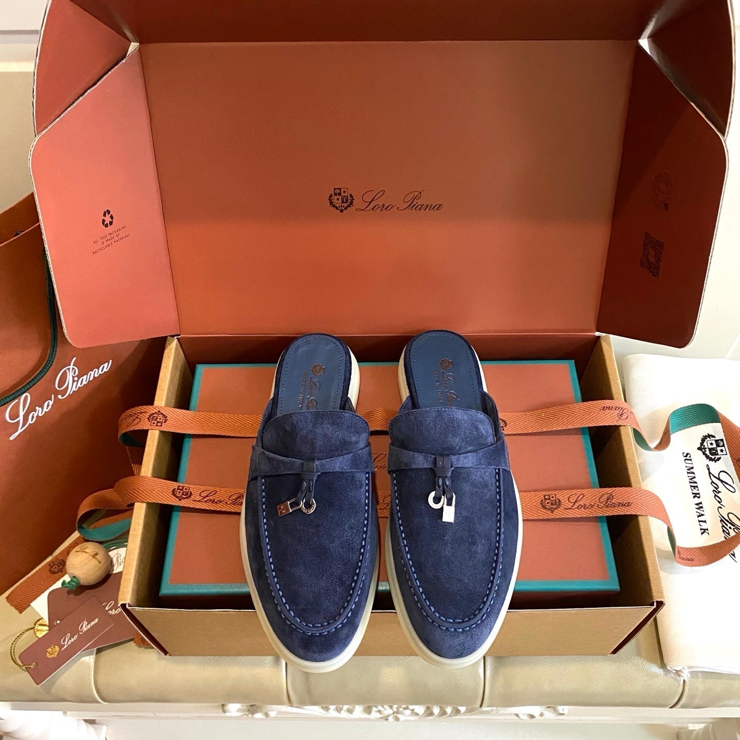 LP 26s Lock Charm Mules In Navy Blue Suede Gold Hardware