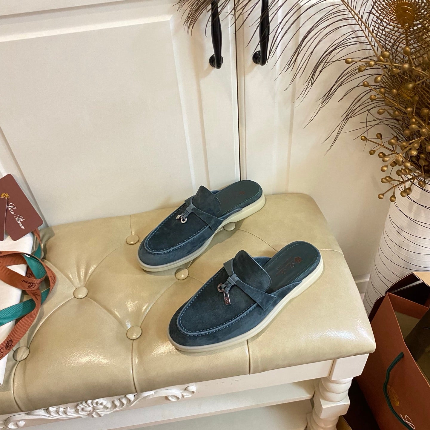 LP 26s Lock Charm Mules In Slate Blue Suede Gold Hardware