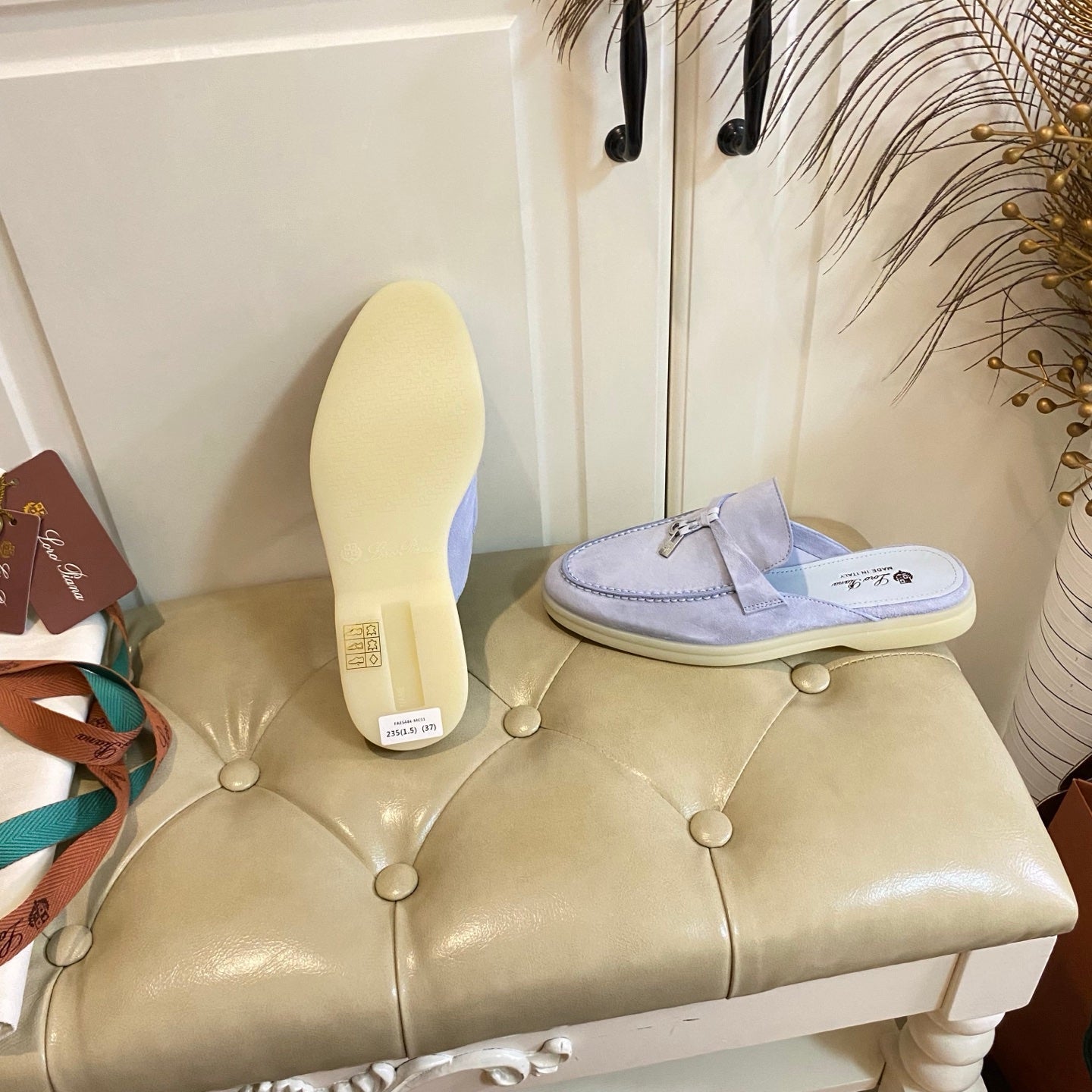 LP 26s Lock Charm Mules In Light Purple Suede Gold Hardware