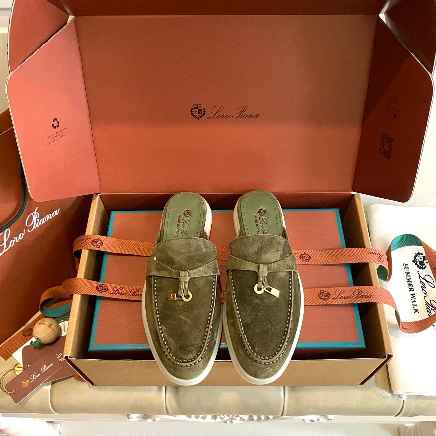 LP 26s Lock Charm Mules In Dark Olive Green Suede Gold Hardware