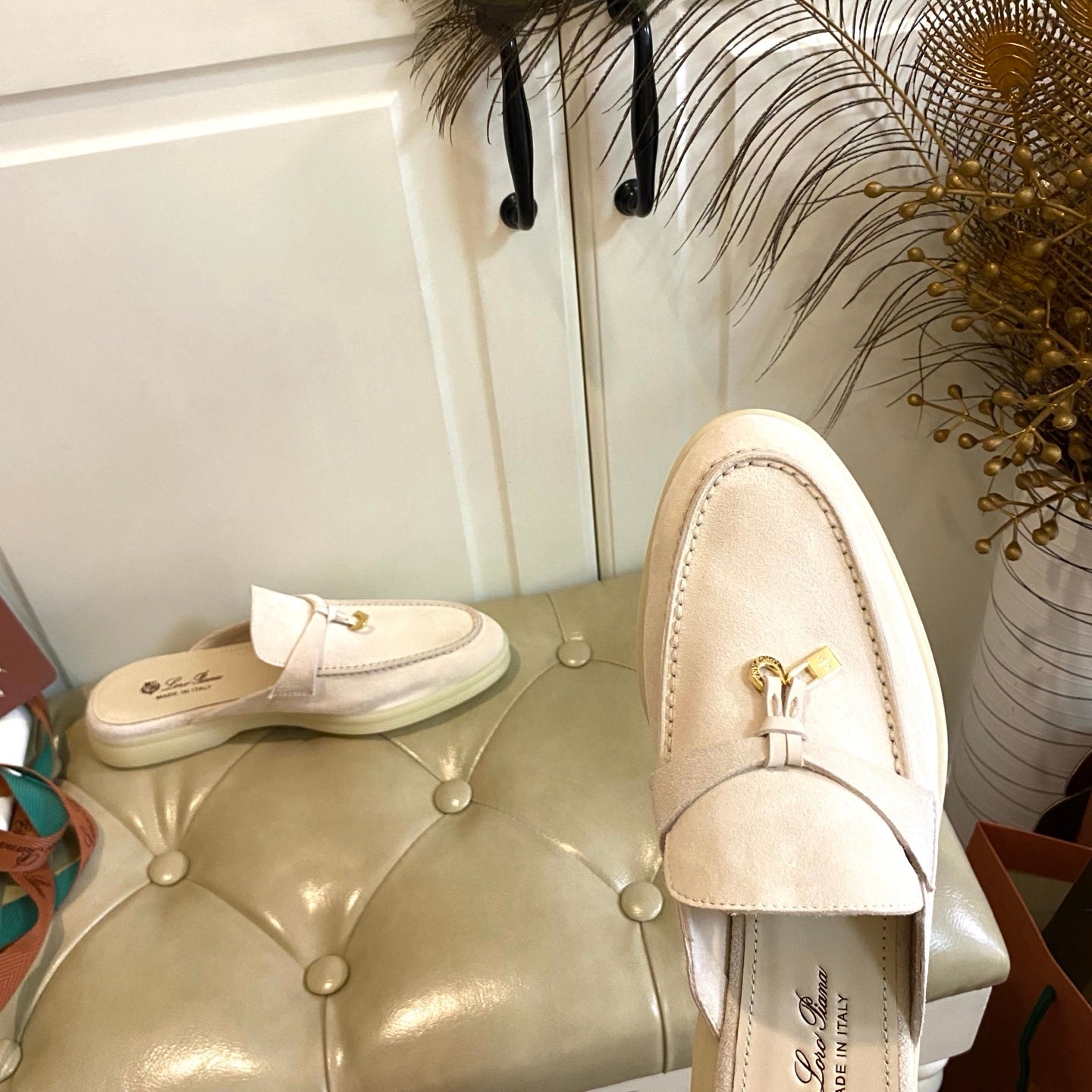 LP 26s Lock Charm Mules In Beige Suede Gold Hardware
