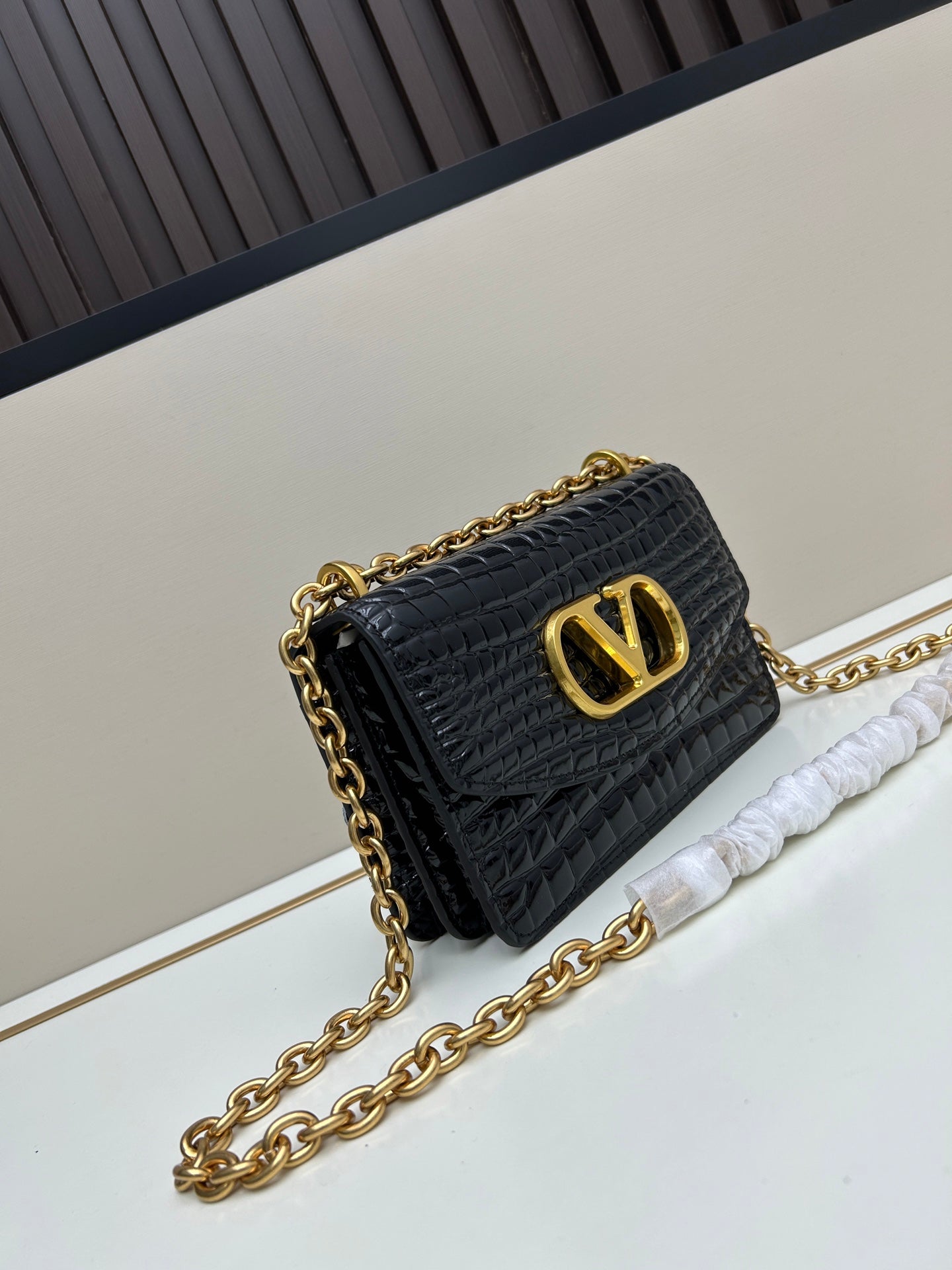 Valentino Vain Small Shoulder Bag Black Embossed Leather Pattern