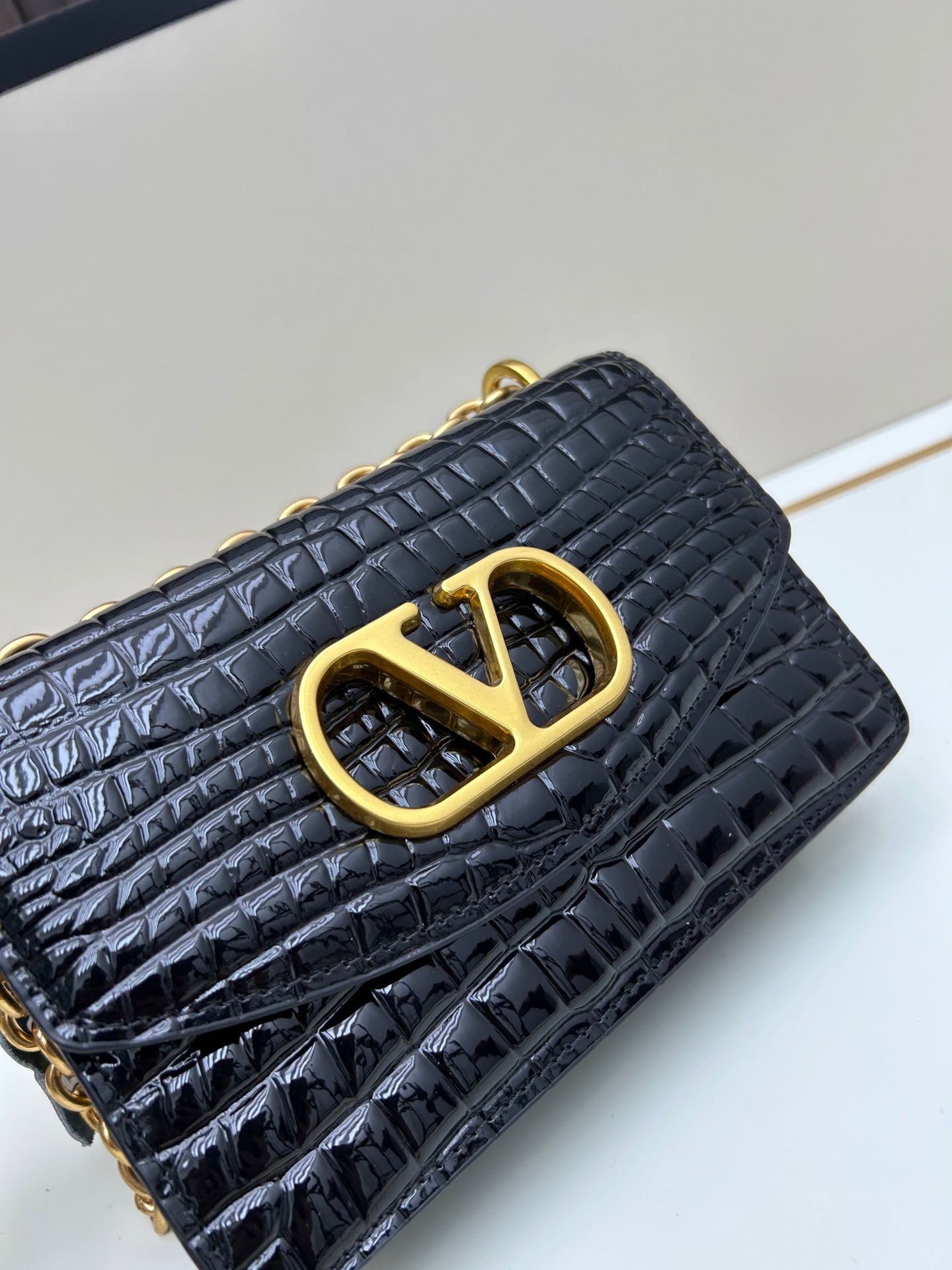 Valentino Vain Small Shoulder Bag Black Embossed Leather Pattern