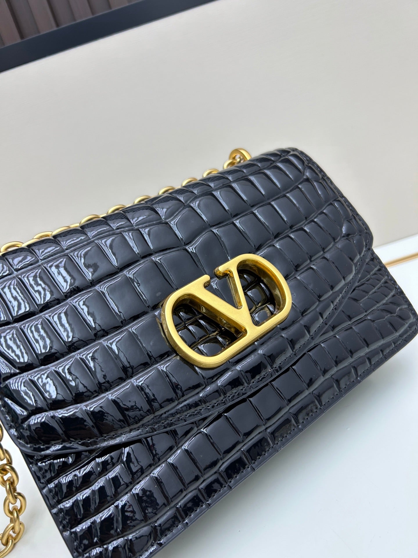 Valentino Vain Shoulder Bag Black Embossed Leather Pattern