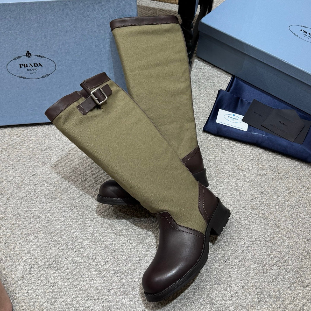 PR 26s Buckle Knee High Boots Green Brown Canvas Leather 144757