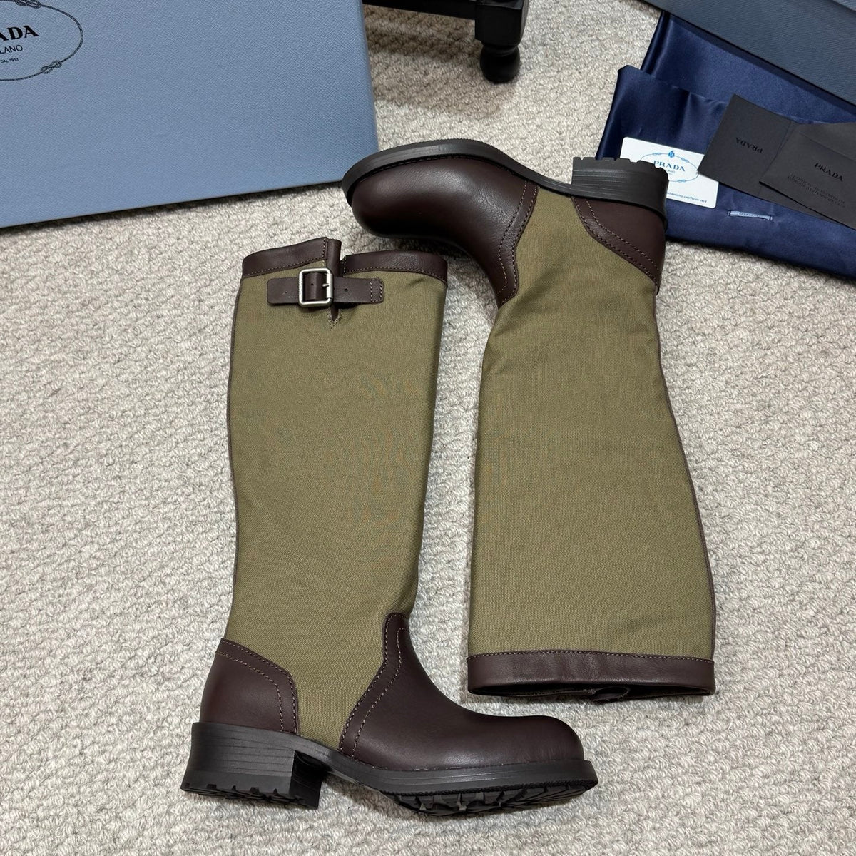 PR 26s Buckle Knee High Boots Green Brown Canvas Leather 144757