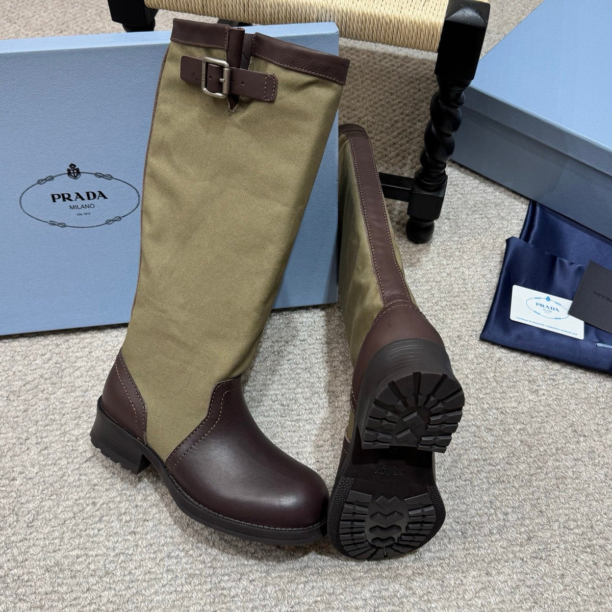 PR 26s Buckle Knee High Boots Green Brown Canvas Leather 144757
