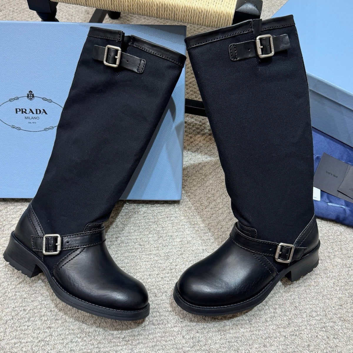 PR 26s Buckle Knee High Boots Black Black Canvas Leather 144756