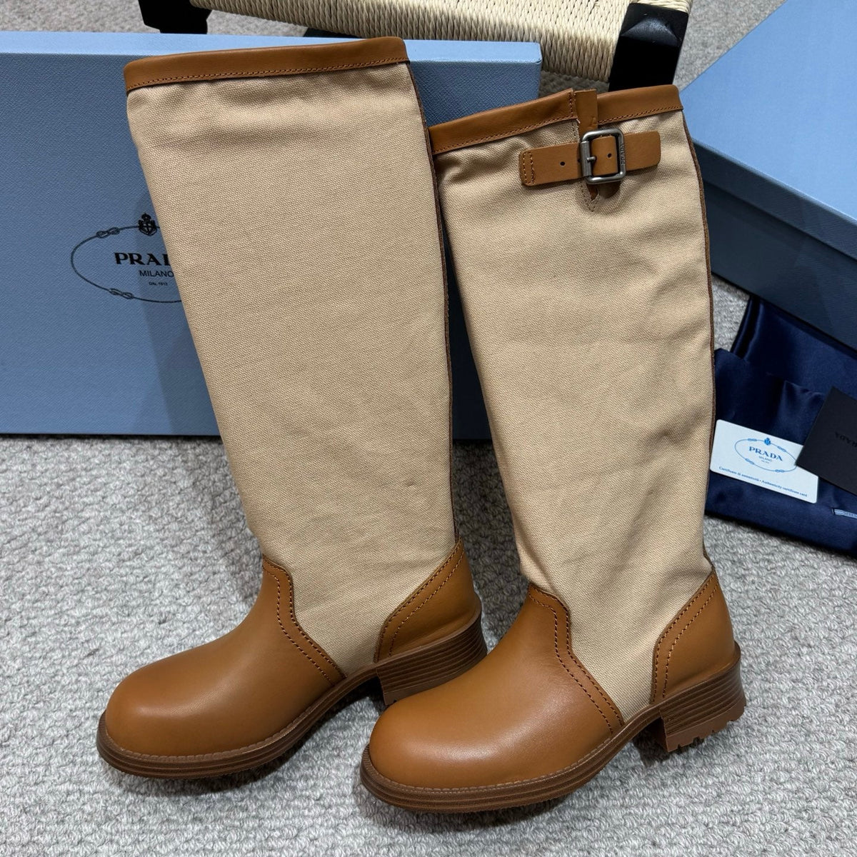 PR 26s Buckle Knee High Boots Beige Brown Canvas Leather 144755