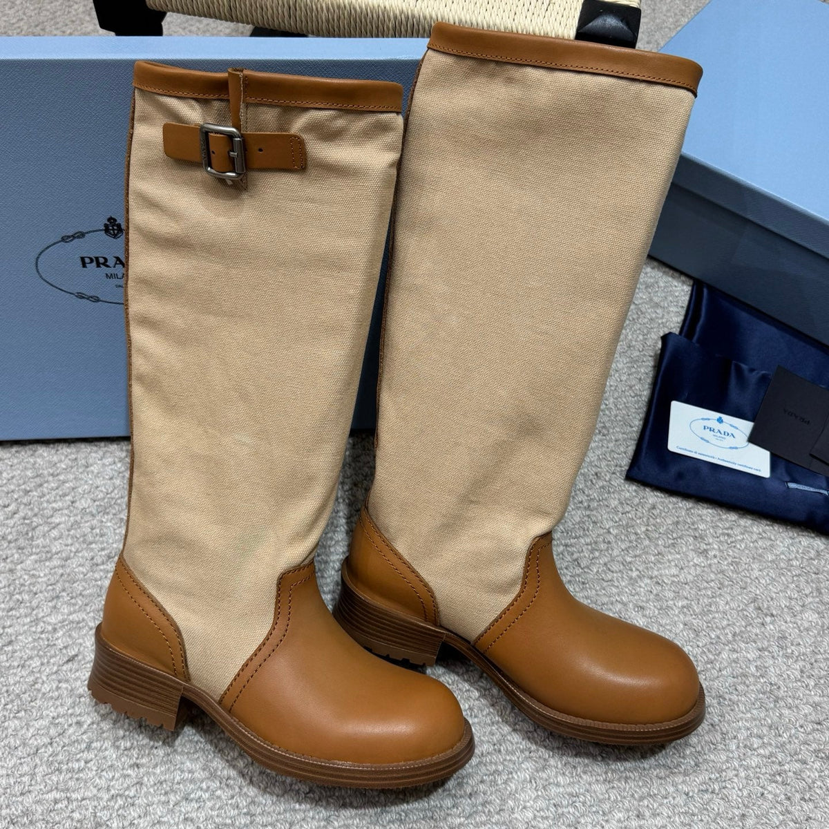 PR 26s Buckle Knee High Boots Beige Brown Canvas Leather 144755