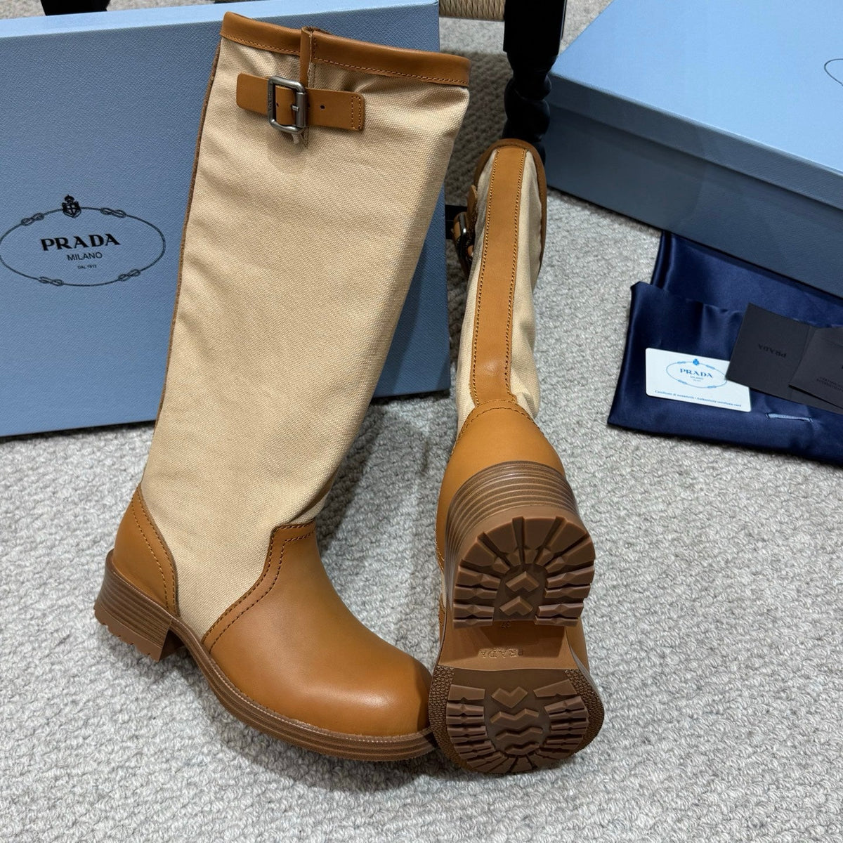 PR 26s Buckle Knee High Boots Beige Brown Canvas Leather 144755