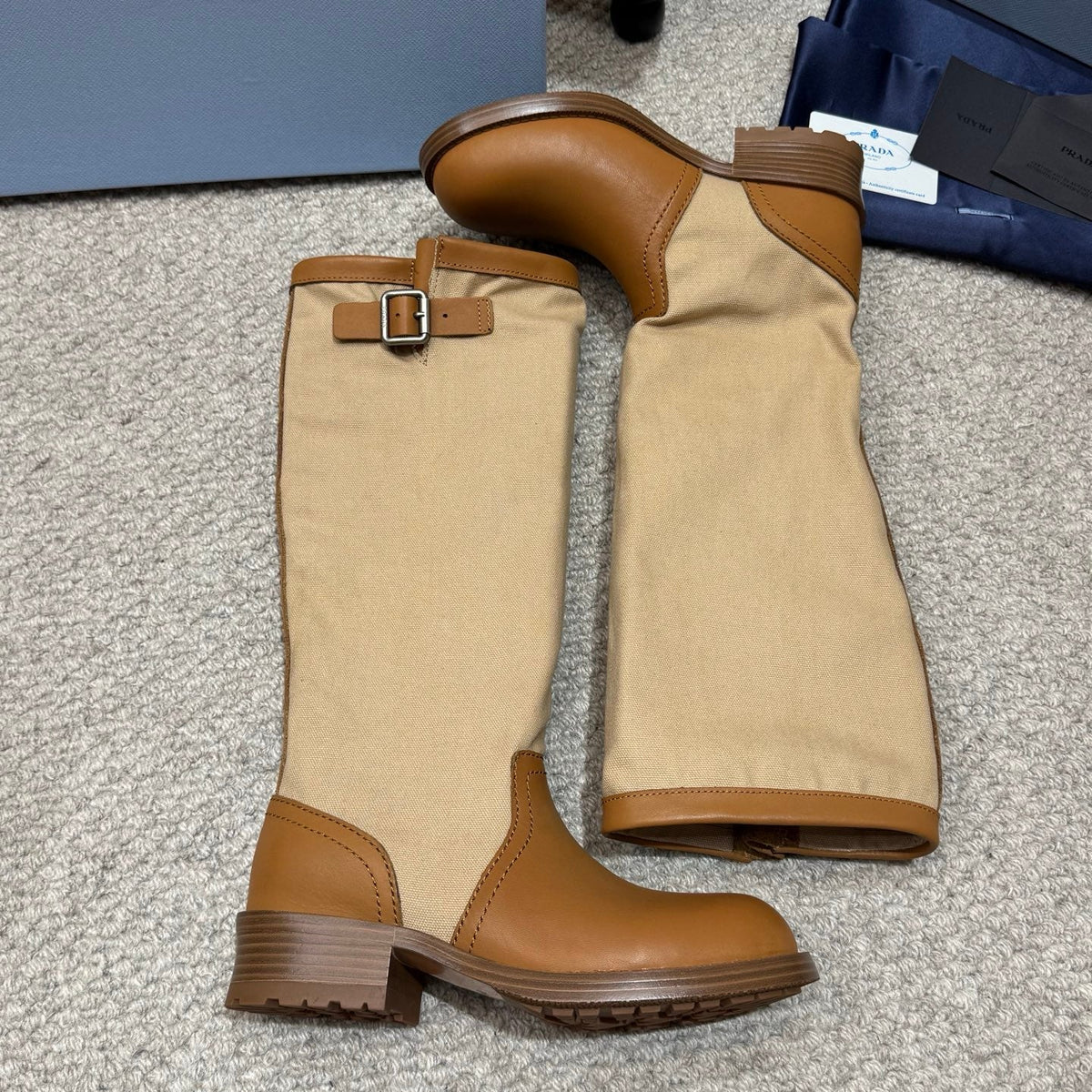 PR 26s Buckle Knee High Boots Beige Brown Canvas Leather 144755
