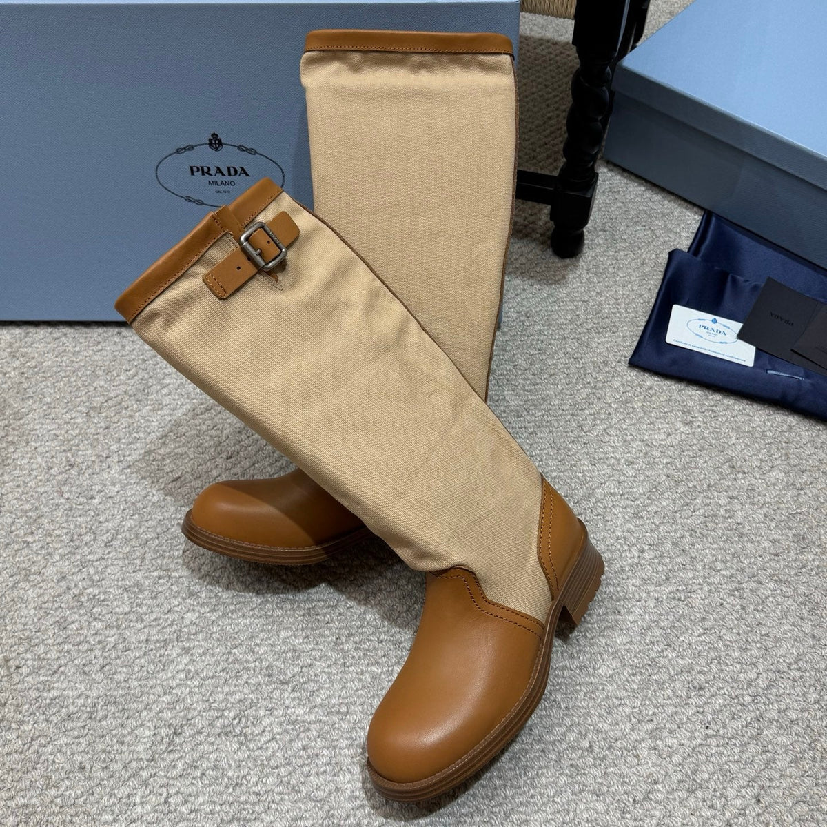 PR 26s Buckle Knee High Boots Beige Brown Canvas Leather 144755