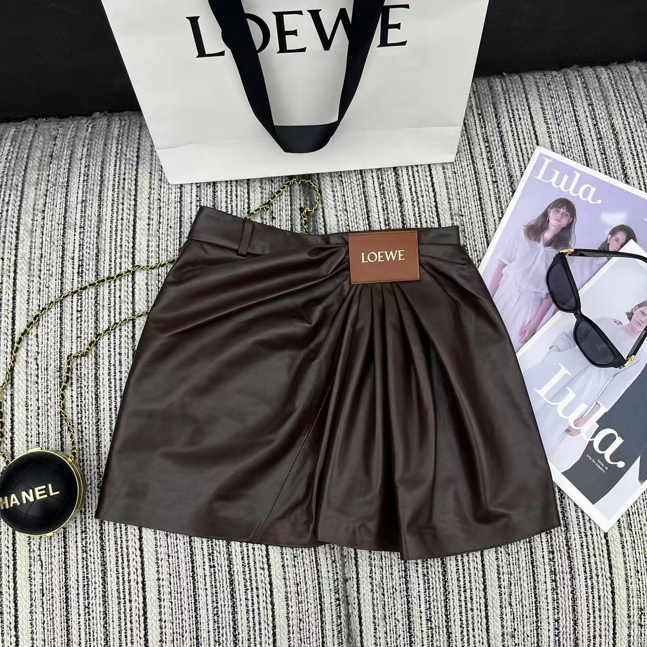 Loewe Draped Midi Skirt Brown Nappa Leather 348569