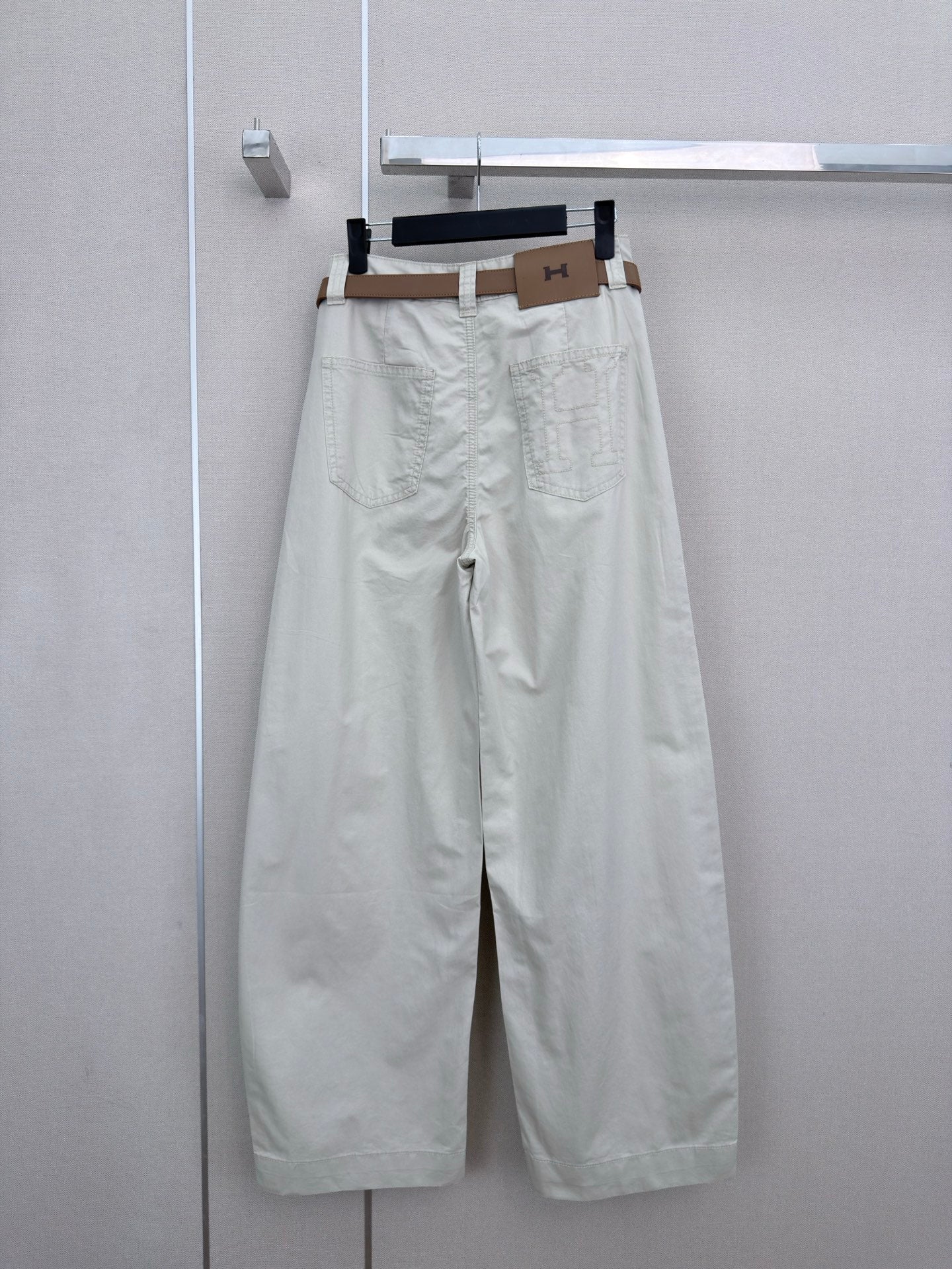 HM Wide-Leg Trousers With A Custom Leather Belt Cream Cotton 379624