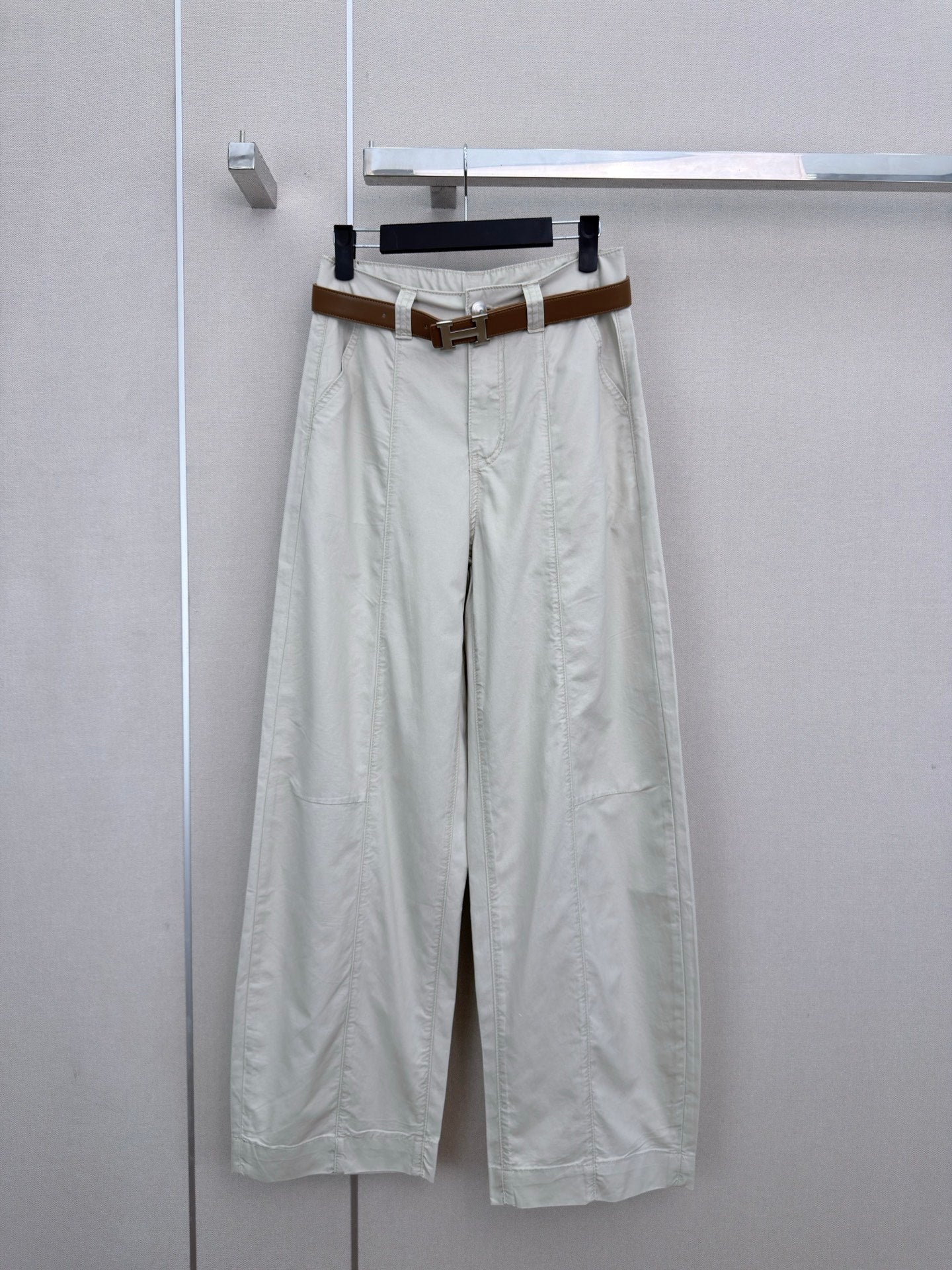 HM Wide-Leg Trousers With A Custom Leather Belt Cream Cotton 379624