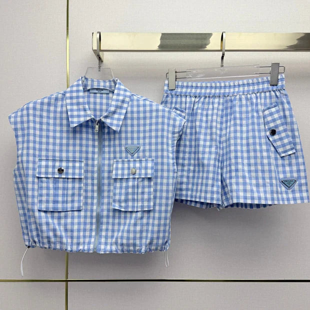 Prada 2026 Plaid Top With Short Blue White Cotton 393519