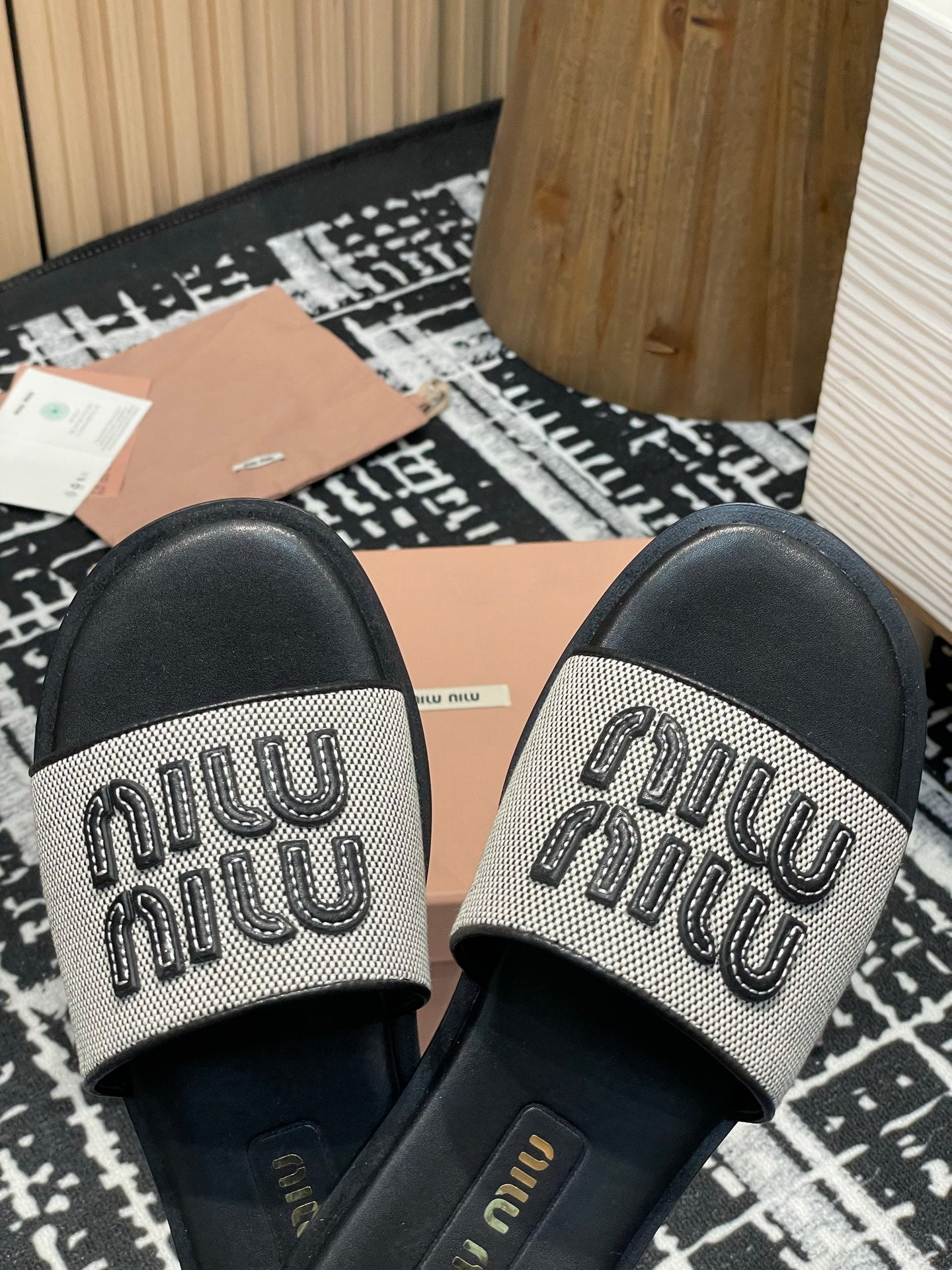 Miu 25S Beige and Black Canvas and leather slides 227133