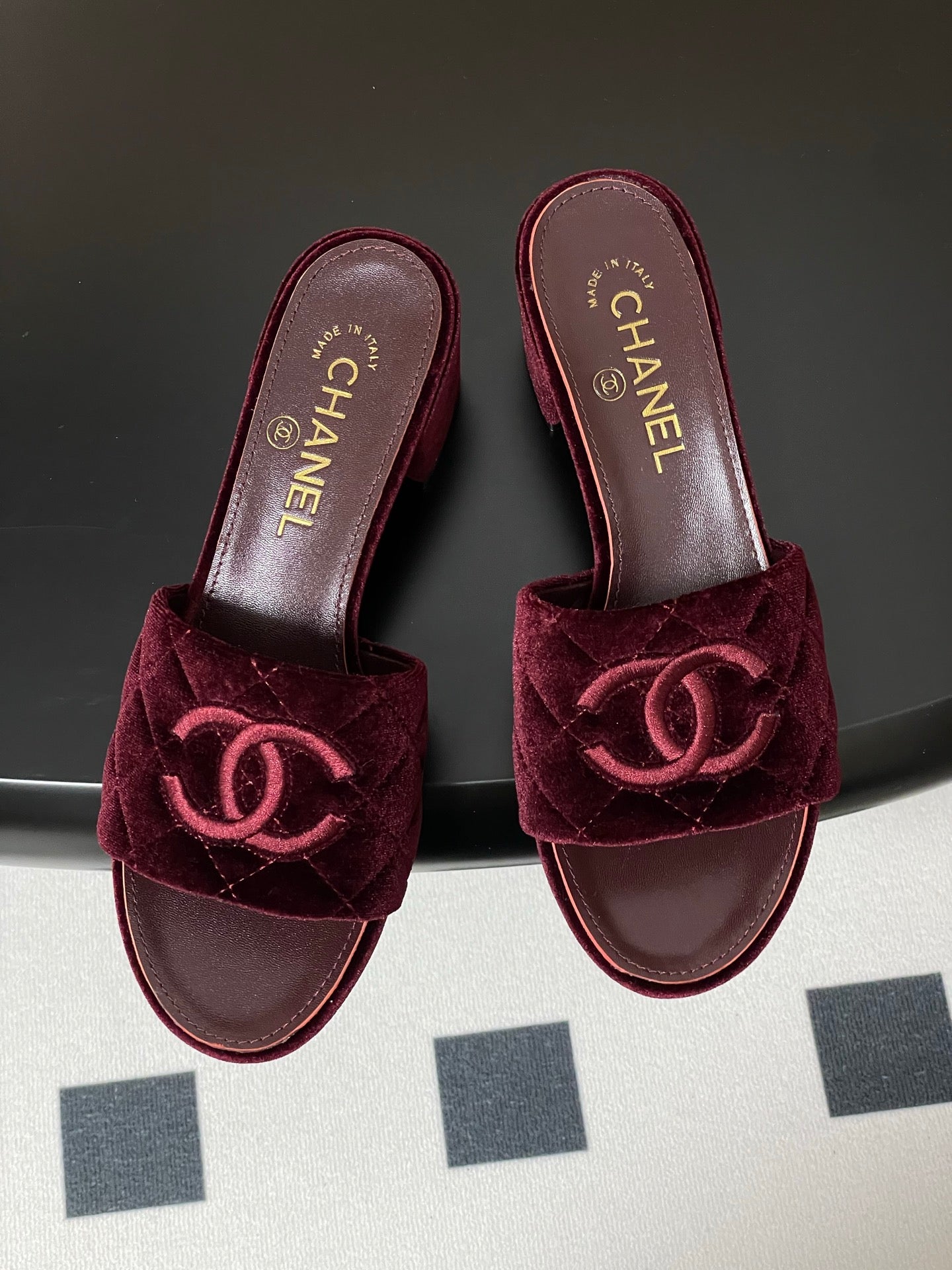 25S Embroidery Double C Mule 50mm Wine Velvet 247574