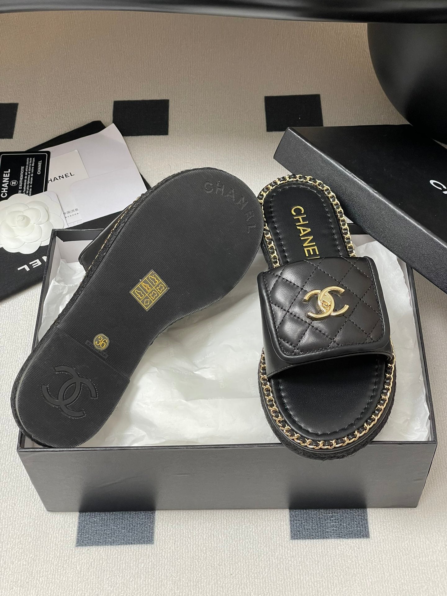 CC 25S Chain Ring Edge Buckle Bag Mule Sandal Black Sheepskin 247588