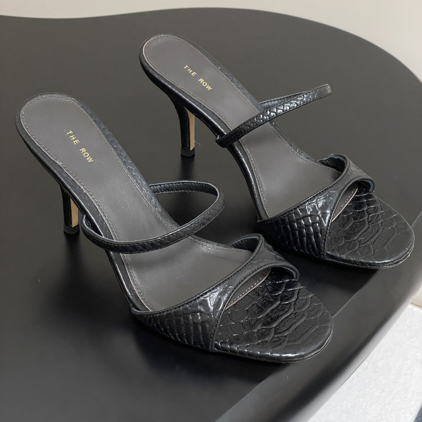 The Row 25S Strap High Heel Mule Sandals 85mm Black Snake Pattern Cowhide 286205
