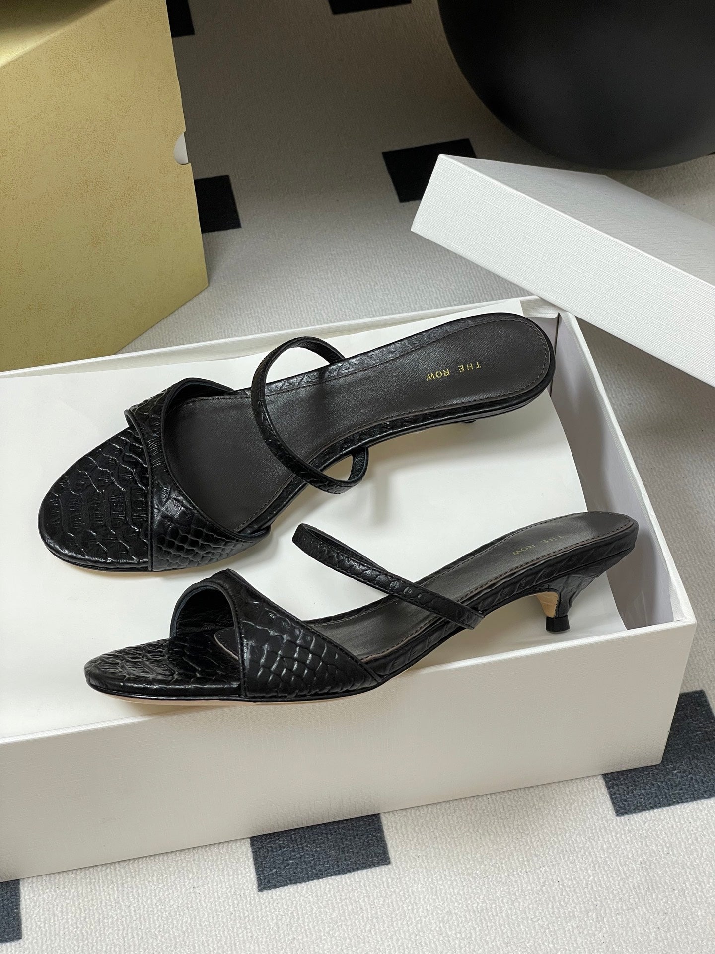 The Row 25S Strap High Heel Mule Sandals 35mm Black Snake Pattern Cowhide 286213