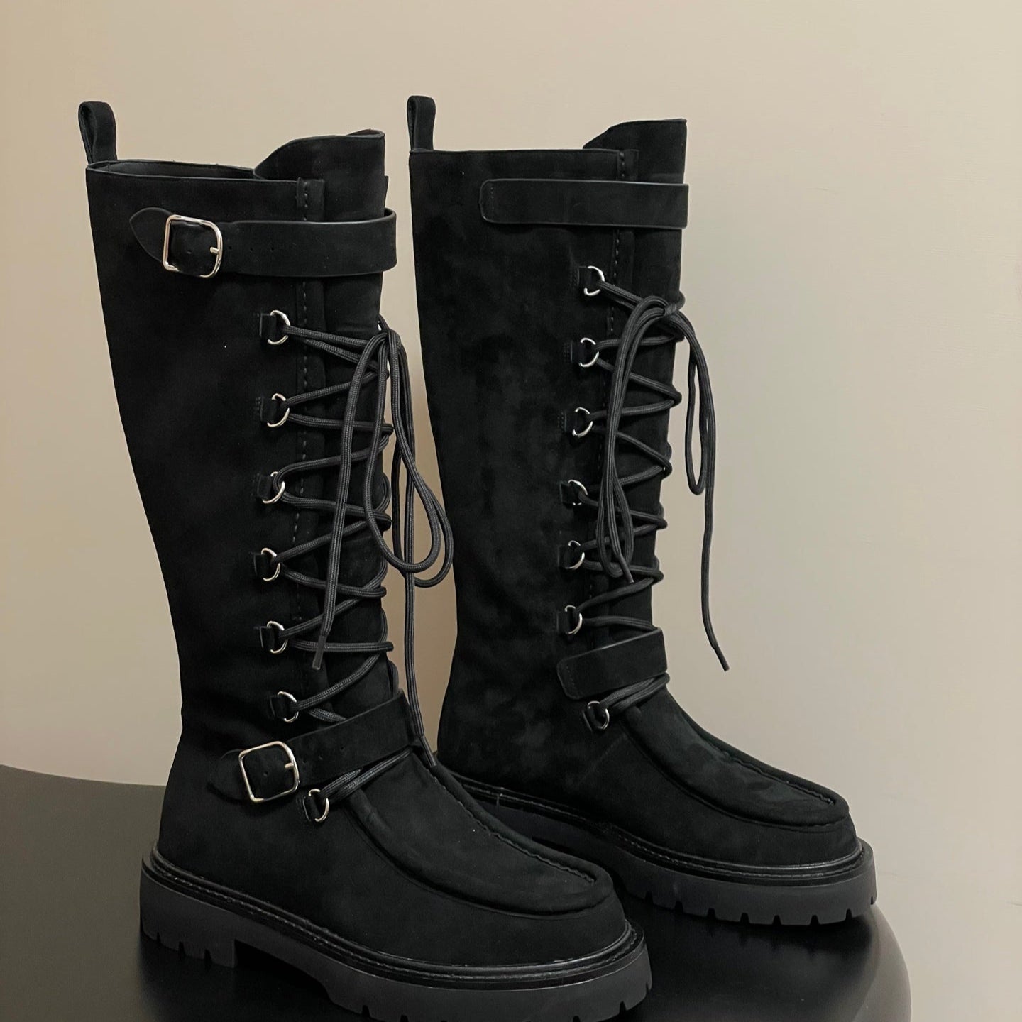 HM Lace Up Boots 25mm Belt Buckle Black Suede