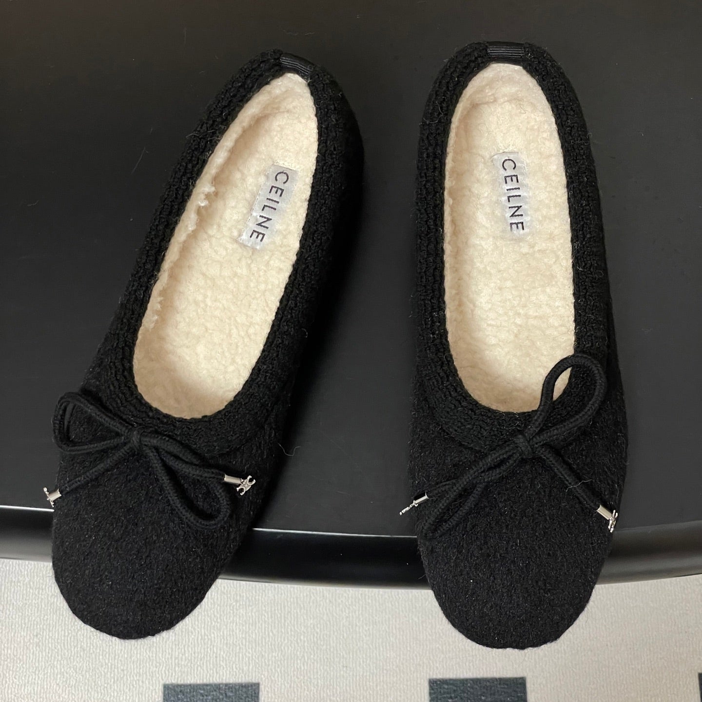 Celine 26s Ballet Flats In Black Wool With Bow Style 1