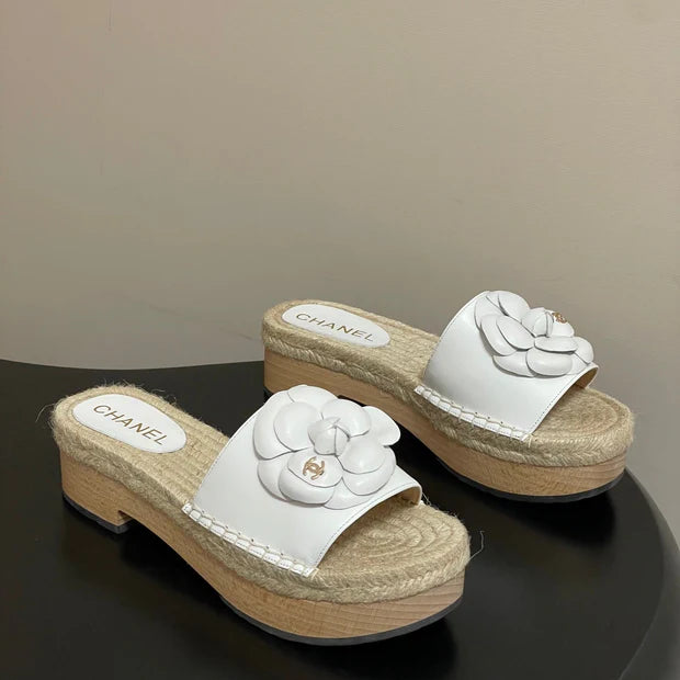 CC 26s Camellia Slippers Beige White Rope Smooth Leather 649401