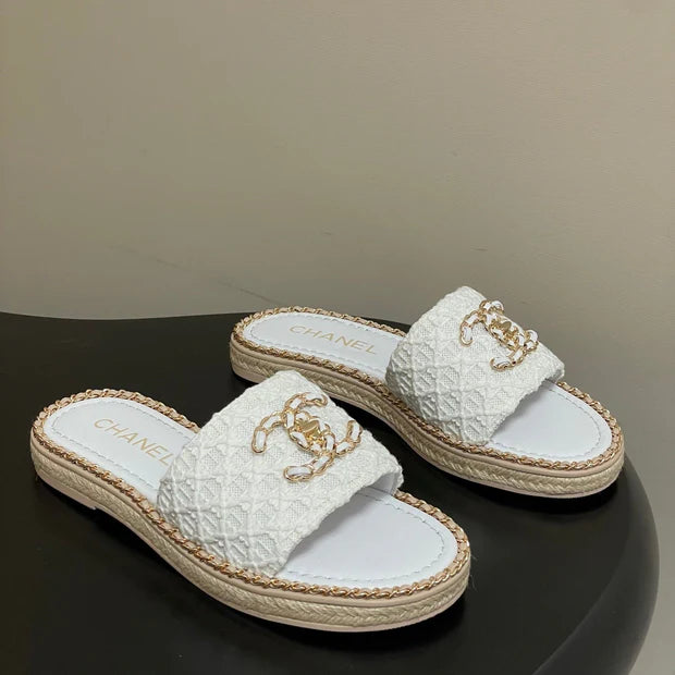 CC 26s Flat Slippers White Gold Fabric Sheepskin 649486