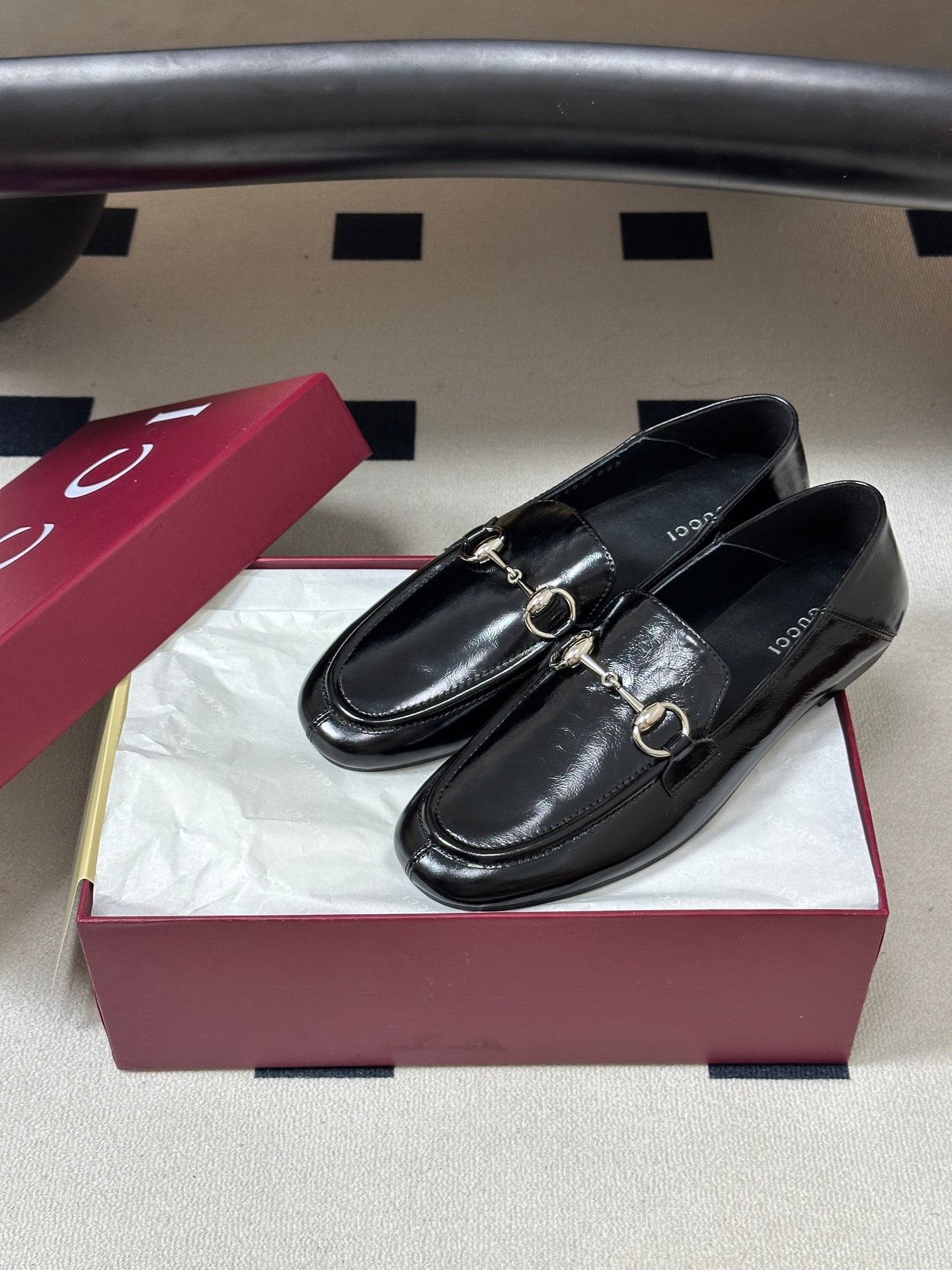 GG 26s Horsebit Loafers Flat Black Glossy Leather 952568