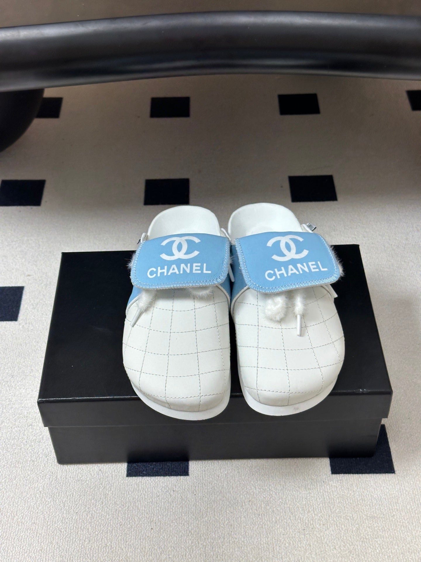 CC 26s Mules Blue White Quilted Leather Shearing 952554