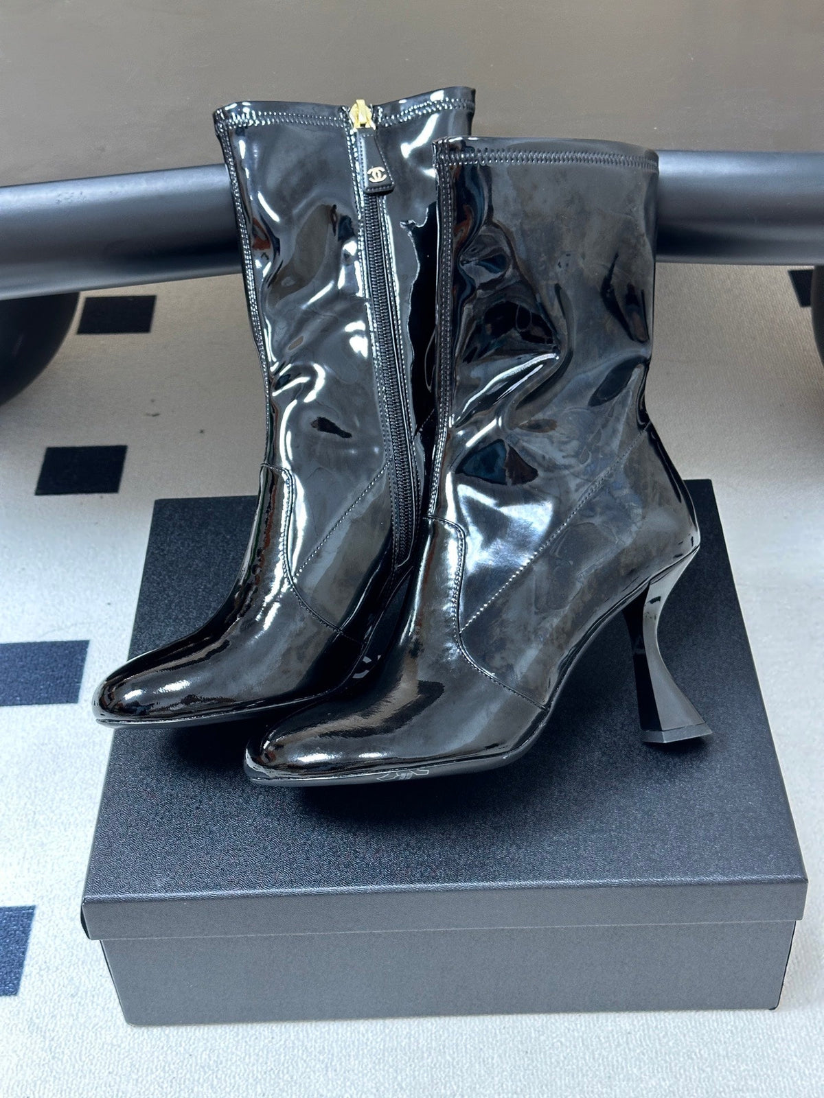 Chanel 26s Mid Calf Boots Flared Stiletto Heel 9.5cm CC Zipper Black Patent Stretch Leather 185662