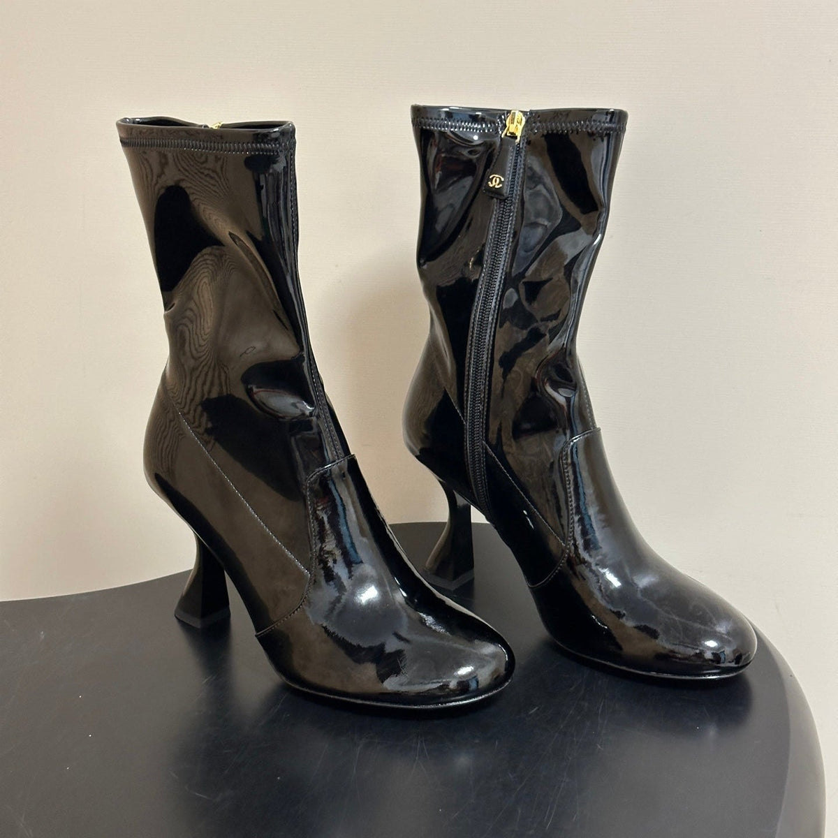 Chanel 26s Mid Calf Boots Flared Stiletto Heel 9.5cm CC Zipper Black Patent Stretch Leather 185662